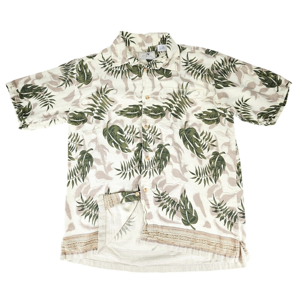 Marlin Trading Button Up Camp Shirt sz L‎ Men Green Leaves Short Sleeve Hawaiian